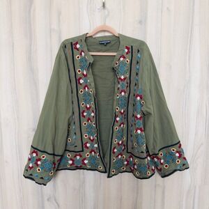 The Pyramid Collection Womens Embroidered Jacket 3X Green Cotton Boho Artsy Folk